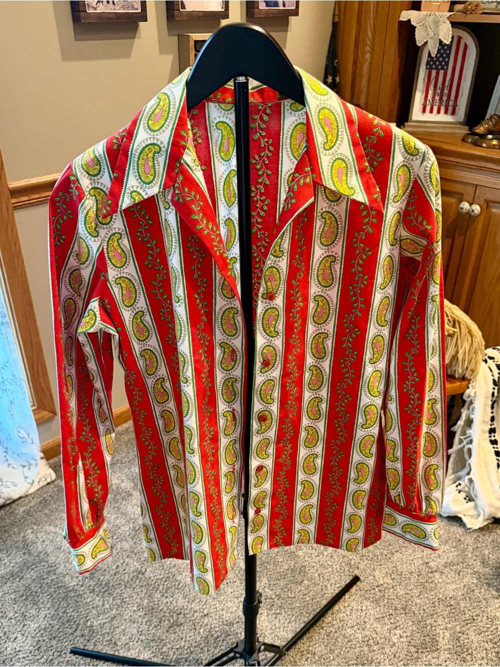 Vintage Red Paisley Stripe Button-Up Shirt
